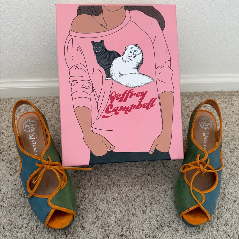 Jeffrey Campbell Green & Teal Suede Peep-Toe Slingbacks with Orange Trim - Picture 3 of 6